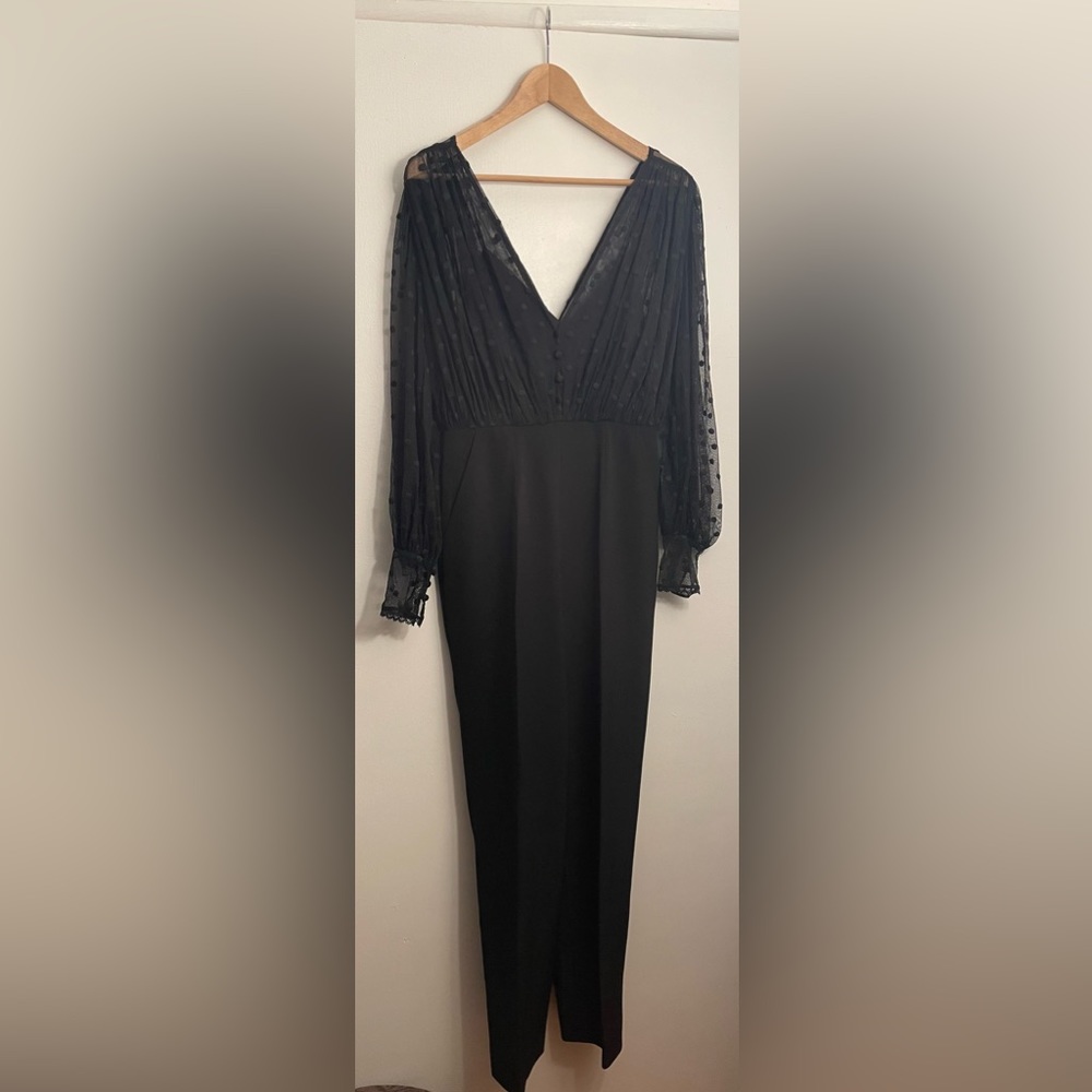 SALONI Black Jumpsuit with Sheer Polka Dot Sleeves